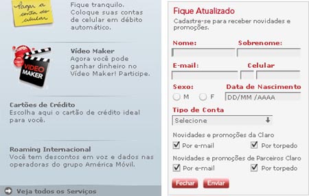 Cadastro newsletter Claro